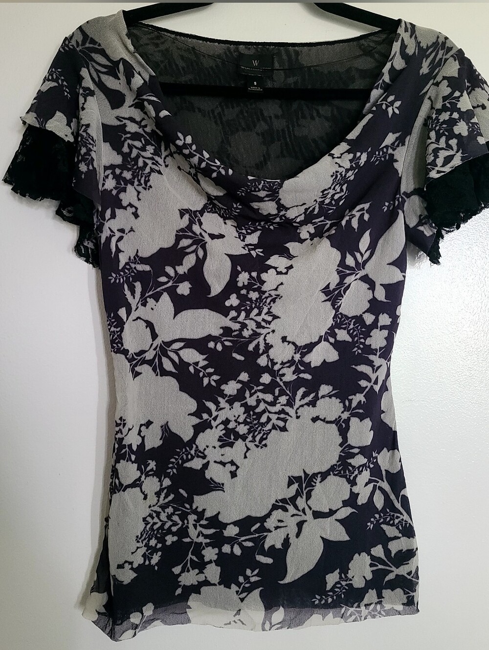 Worthington Black and Cream Lace Floral Cowl Neck Top Sz S